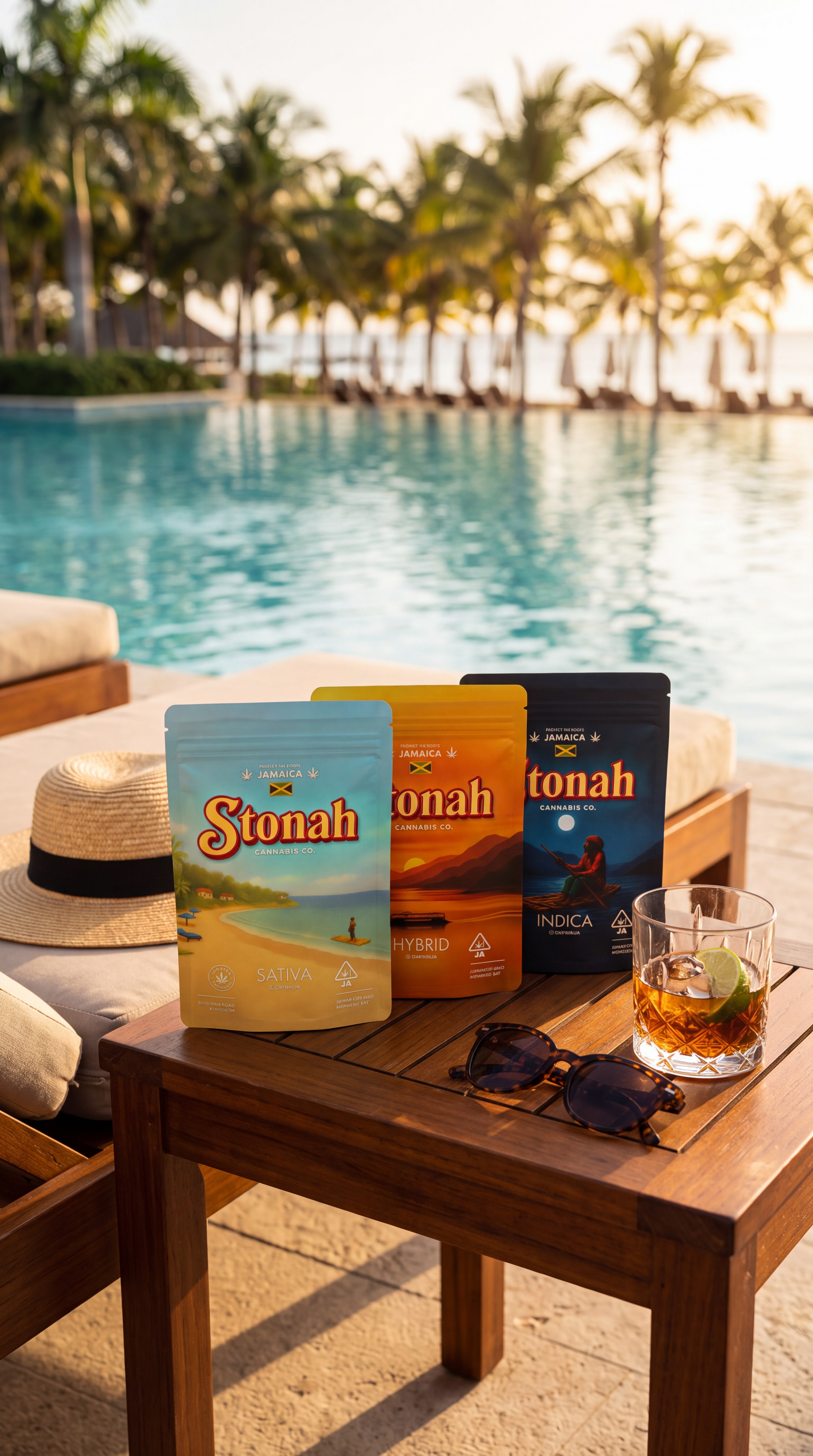 Three Stonah Cannabis Co. pouches on a poolside table with a straw hat, sunglasses and a rum cocktail at a Montego Bay resort